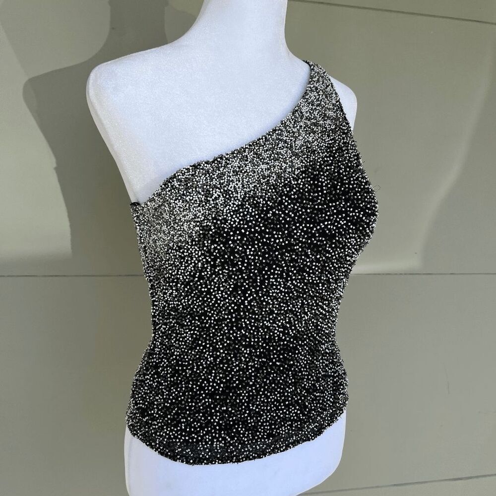 VTG Scala Beaded Silk One Shoulder Asymmetrical Top Black Silver M
